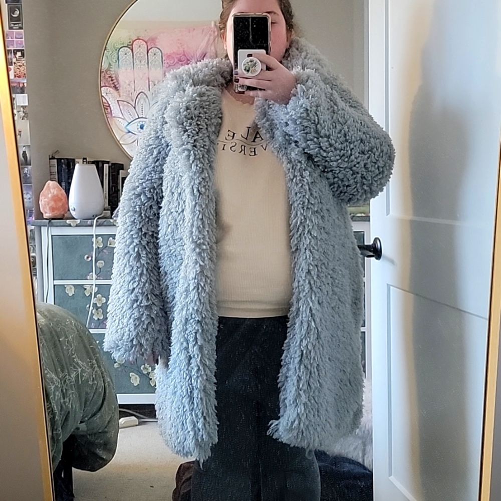 Powder blue open front teddy coat NWOT